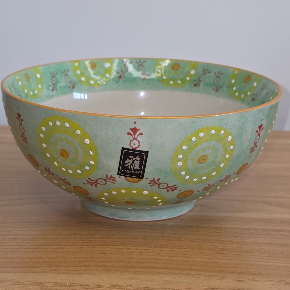 Vintage Yokohama Studio Miyabi Noodle‎ Rice Bowl Handpainted Raised Dots Green